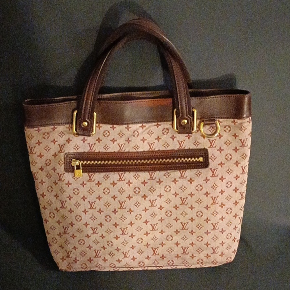 Louis Vuitton Lucille GM Tote Bag with red monogram and brown leather trim